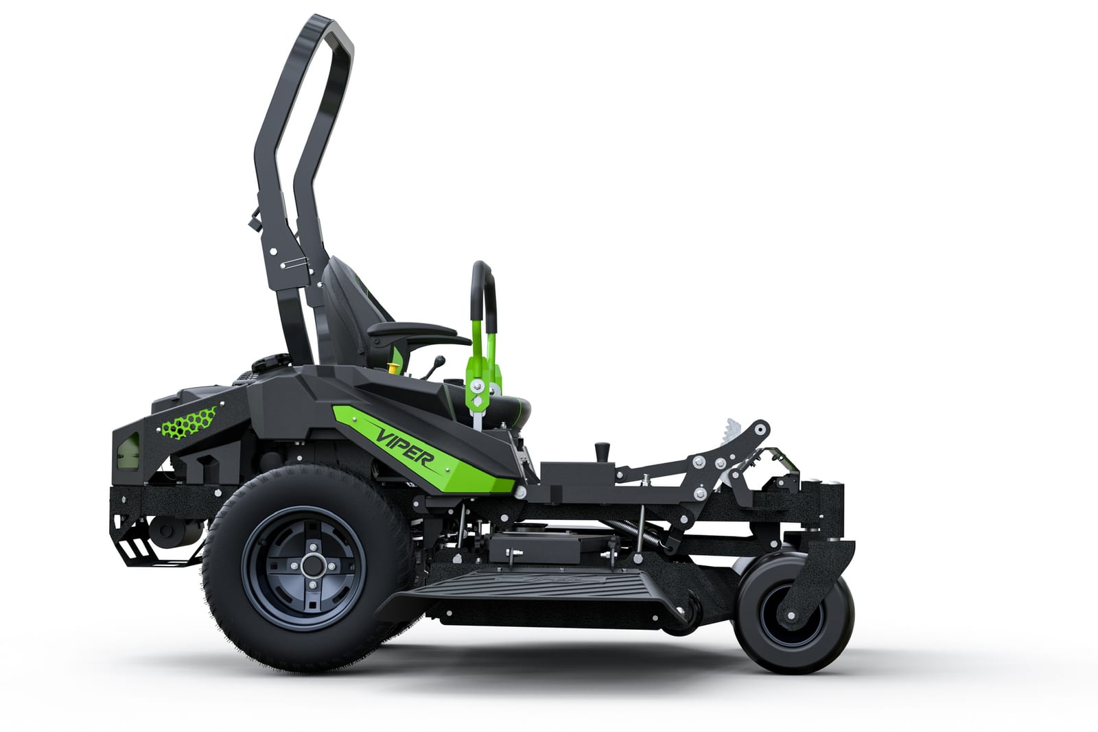 Right-side profile of a Viper zero-turn mower showing the lap-bar steering controls